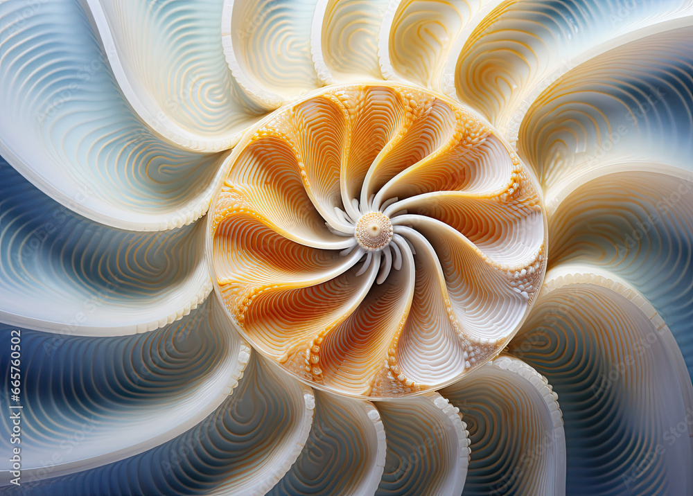 Spirals of Elegance: A Close-Up View of a Conch Shell, Vortex Patterns Infused with the Harmonious Palette of Light Amber and Indigo colors Spirals of Elegance: A Close-Up View of a Conch Shell, Vortex Patterns Infused with the Harmonious Palette of Light Amber and Indigo colors