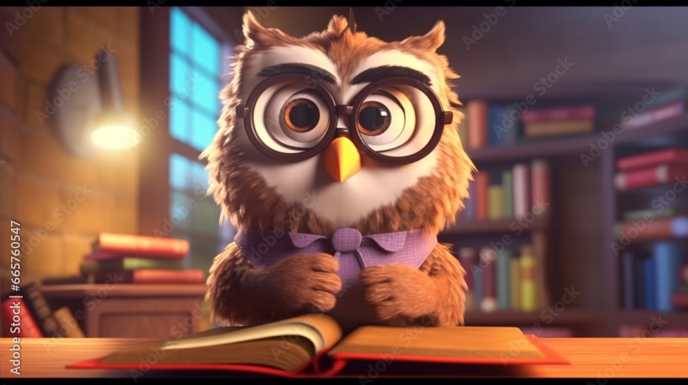 image of a nice happy owl wearing reading glasses rea.Generative AI