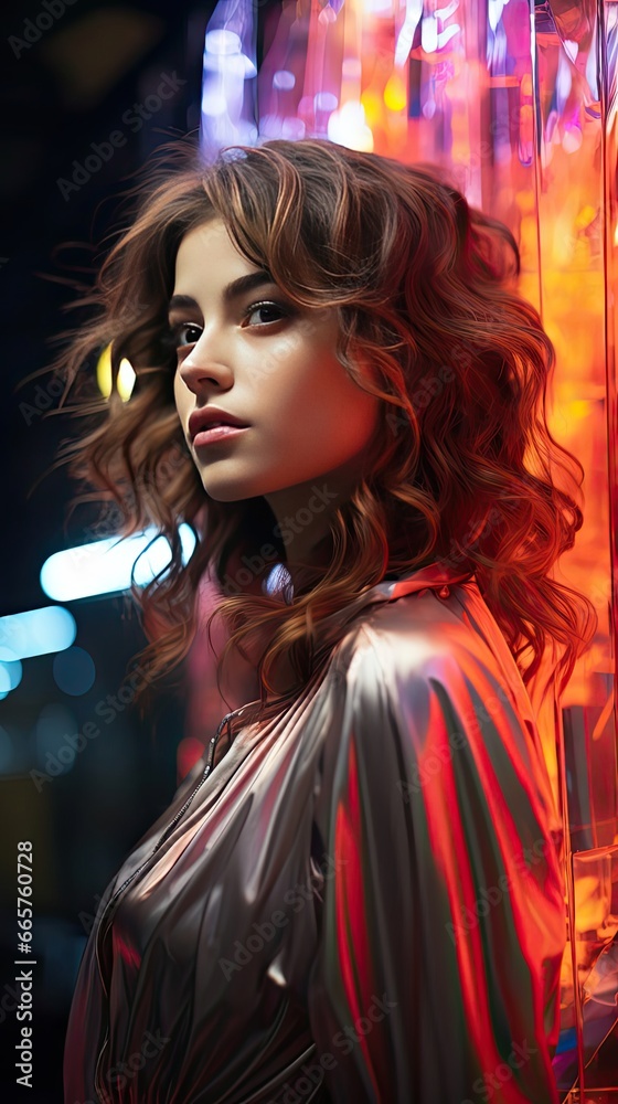 Fototapeta premium High Fashion model girl in colorful bright neon lights posing in studio through transparent film. Portrait of beautiful woman in UV. Art design colorful make up. Model illustration. Generative AI