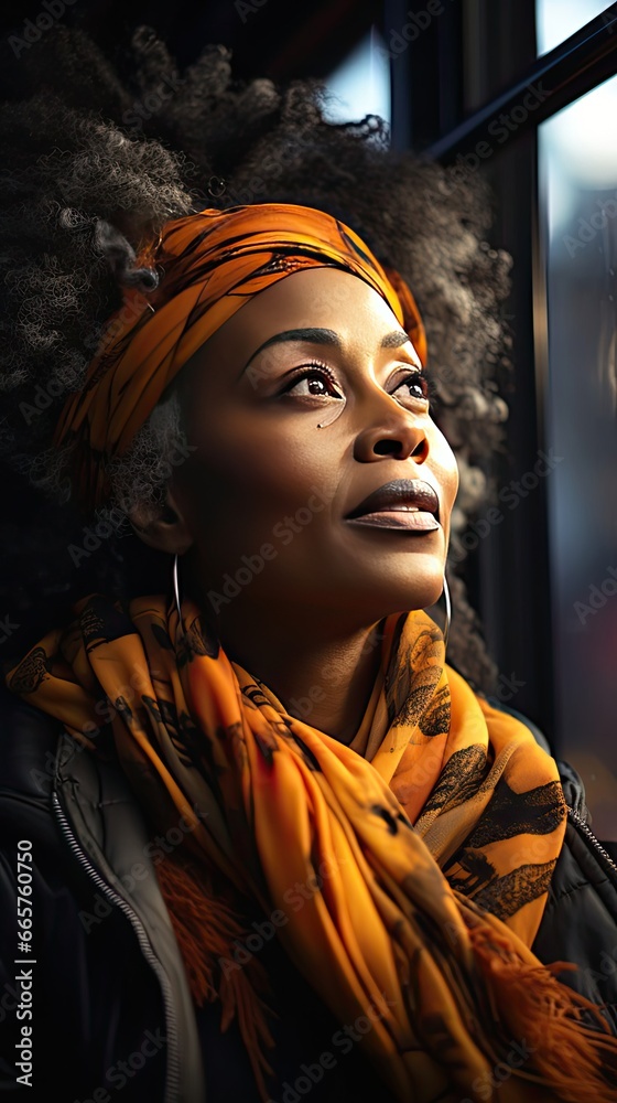 An older black woman mournfully looks out her window. Sad emotion illustration. Generative AI An older black woman mournfully looks out her window. Sad emotion illustration. Generative AI