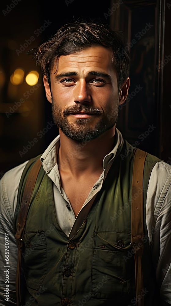 Portrait of smiling caucasian handsome young man with arms crossed standing by window at home. Man face portrait illustration. Generative AI Portrait of smiling caucasian handsome young man with arms crossed standing by window at home. Man face portrait illustration. Generative AI