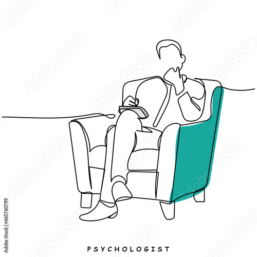 line art of a young psychologist. Psychiatrist practitioner. Young student. Mental health awareness campaign. Trainee during internship. Psychological session ilustration