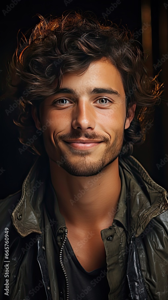 Close-up daylight portrait of young smiling handsome man on background. Man face portrait illustration. Generative AI Close-up daylight portrait of young smiling handsome man on background. Man face portrait illustration. Generative AI