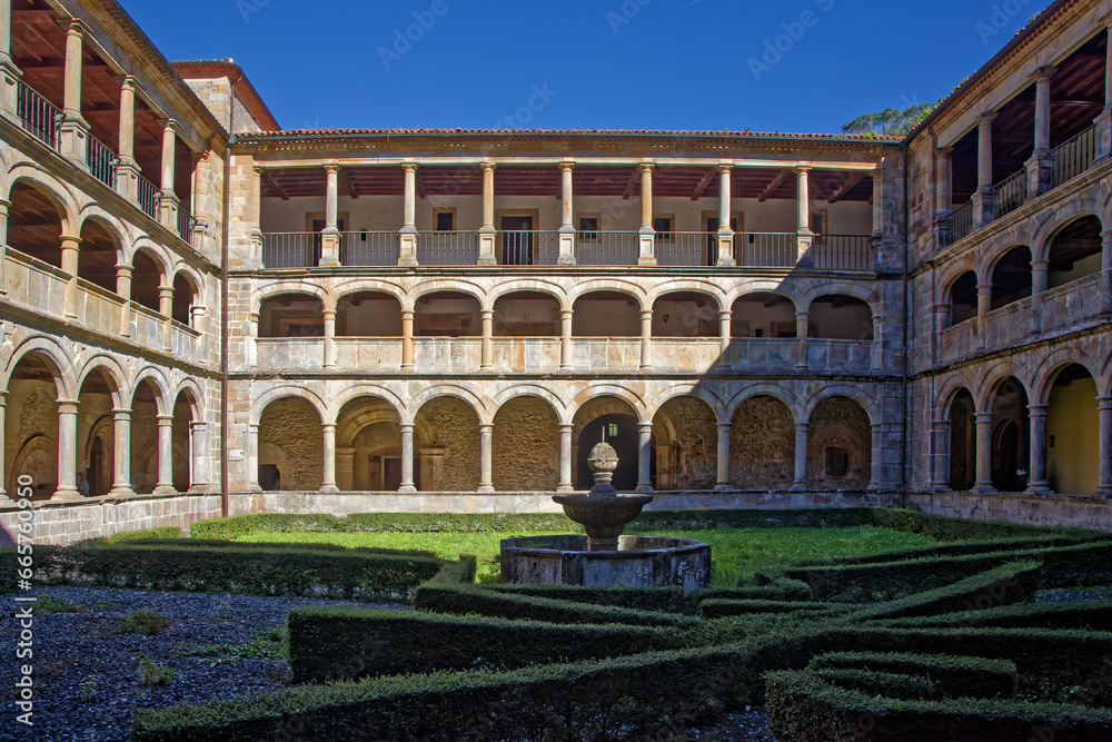 VALDEDIOS, SPAIN, September 30, 2023 : Cloister of the Monastery San Salvador de Valdedios, Asturias.