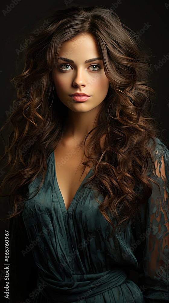 Brunette girl with long and shiny wavy hair. Beautiful model with curly hairstyle. Model illustration. Generative AI