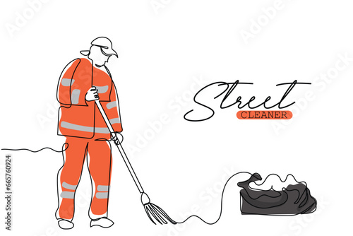 line art of a street cleaner in uniform with a trash bag. Janitor or cleaner. Professional worker.