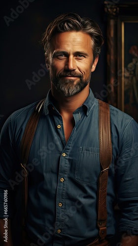 Portrait of smiling mature man standing on background. Man portrait illustration. Generative AI