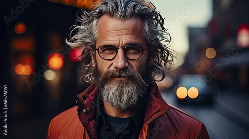 Portrait of happy mature man wearing spectacles and looking at camera outdoor. Man with beard and glasses feeling confident. Man face portrait illustration. Generative AI