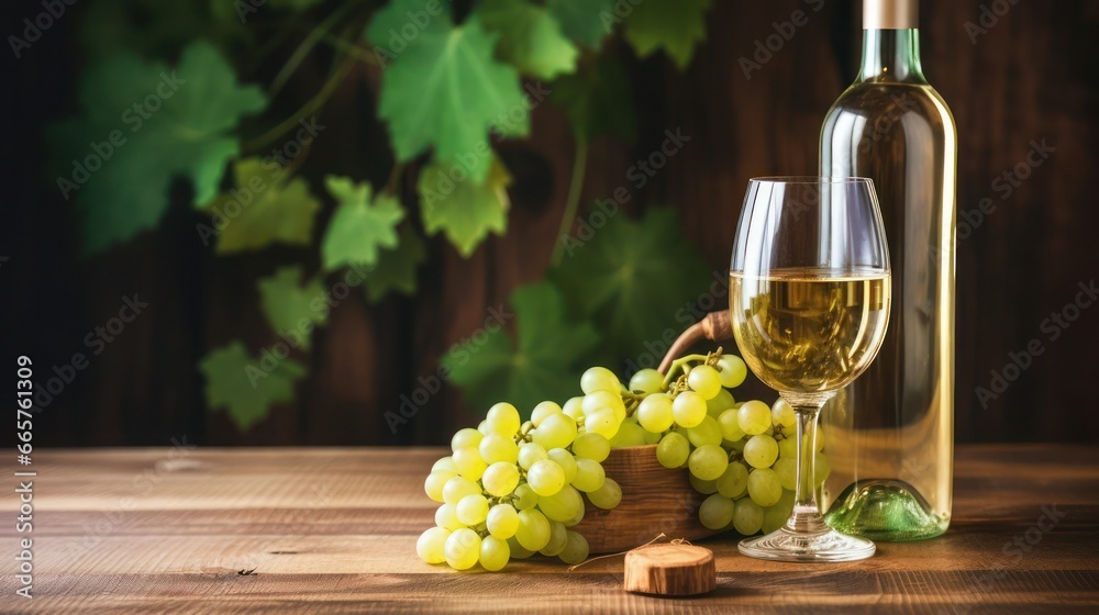 Wineglass with dry white wine, wine bottle, fresh grape vine on wooden background, copy space, selected focus.