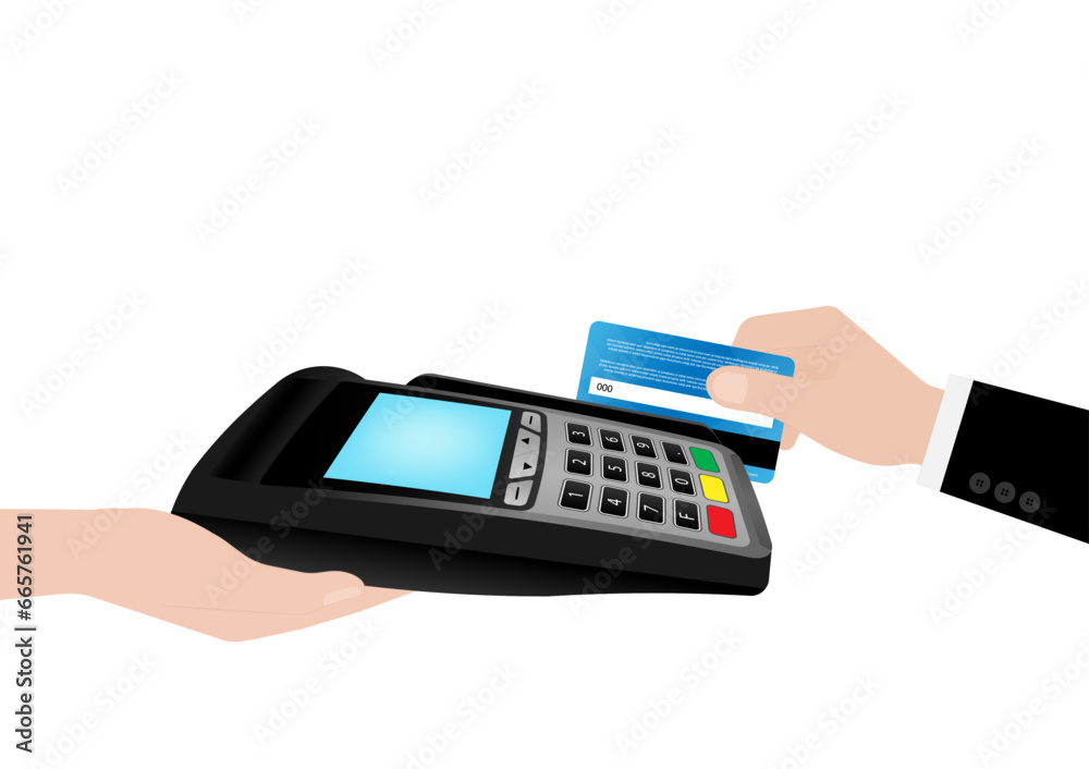 Hand Swiping Credit Card For Making Payment by using POS - Point of Sale Terminal or Credit Card Reader Machine. Vector Illustration. Hand Swiping Credit Card For Making Payment by using POS - Point of Sale Terminal or Credit Card Reader Machine. Vector Illustration.