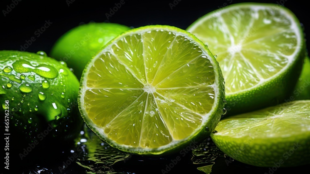 Fresh lime slices with waterdrops on wet glossy black surface, close-up, selective focus. Fresh lime slices with waterdrops on wet glossy black surface, close-up, selective focus.