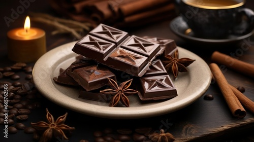 Dark chocolate bars, cinnamon sticks, anise stars on a plate, coffee beans and burning candle on wooden table, atmospheric set.
