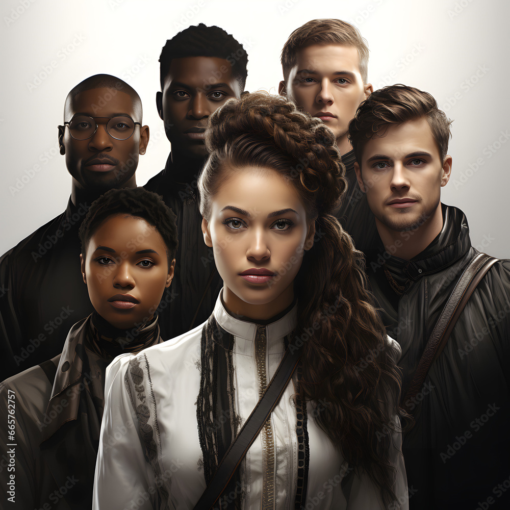 A group of people of different races led by a woman; Diversity and Equality; Black and White; Anti-racism; 4K(1:1) A group of people of different races led by a woman; Diversity and Equality; Black and White; Anti-racism; 4K(1:1)