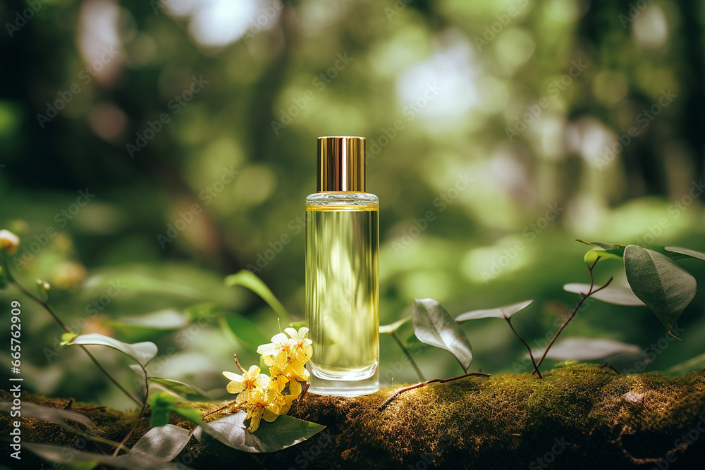Natural cosmetics, perfume bottle on nature background. Organic natural ingredients beauty product among green leaves in the woods. Skin care, beauty, aroma, spa product presentation. Natural cosmetics, perfume bottle on nature background. Organic natural ingredients beauty product among green leaves in the woods. Skin care, beauty, aroma, spa product presentation.