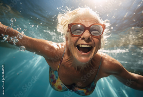 Elderly woman swimming underwater. Happy elderly woman enjoys diving © familymedia
