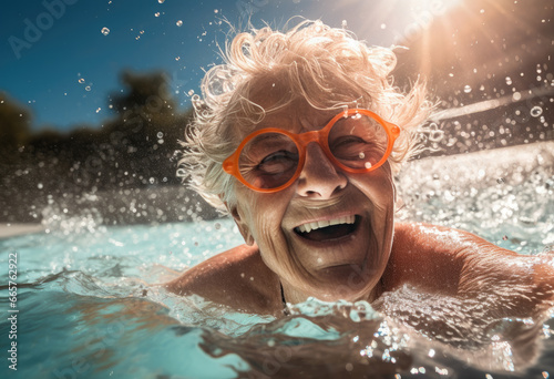 Happy elderly woman enjoys swimming in the pool