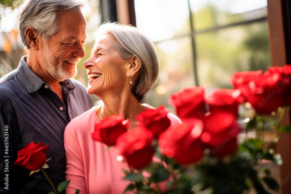 A senior couple are smiling at each other while holding red roses,enjoying romance in Valentines day. Love concept