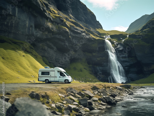 Caravan camping against the backdrop of a beautiful large waterfall. Family tourism concept.