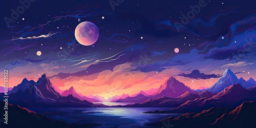 AI Generated. AI Generative. Pink purple abstract galaxy space planet landscape background with mountains. Future adventure inspirational concept