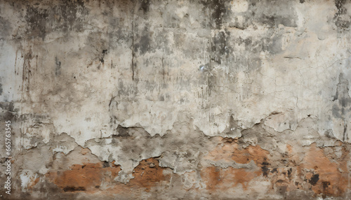 Wall background with large chunks of peeling white and gray paint revealing orange bricks underneath, signifying a state of disrepair.