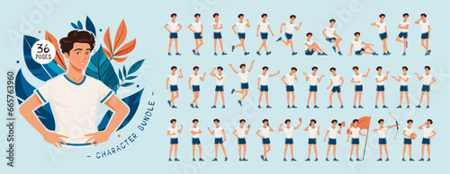 Sporty teenage, handsome brunette boy character set, sport bundle. Young man in lively, energetic poses, athletic skills demonstration, hobby or dynamic recreational activity kit. Vector cartoon
