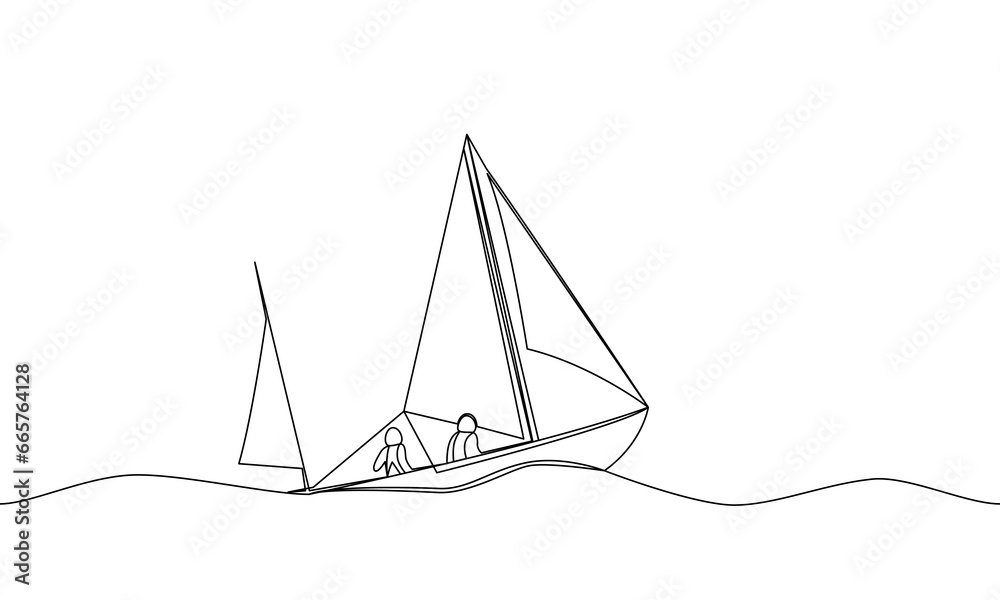 Continuous line drawing of a boat in a sailing regatta. Yacht on the waves. Vector line art illustration, outline