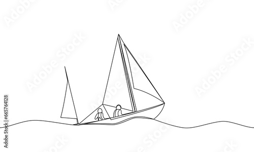 Continuous line drawing of a boat in a sailing regatta. Yacht on the waves. Vector line art illustration, outline