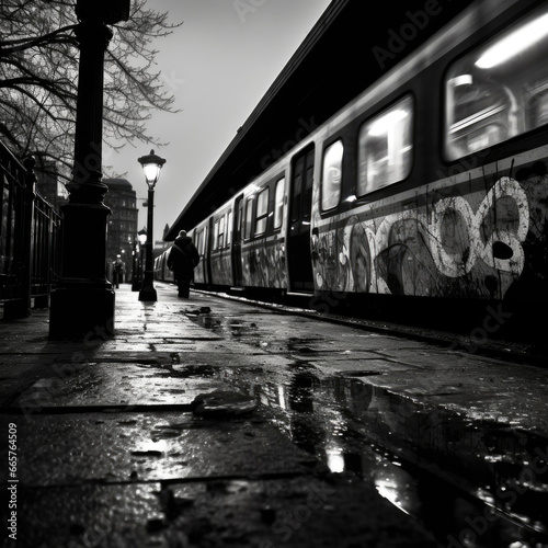 black and white image of a human figure on the night platform of a station with a train in autumn