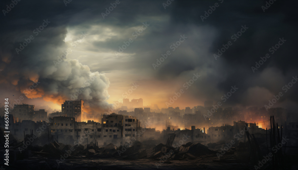 Desolate Cityscape Ruined Buildings in a Post-Apocalyptic World