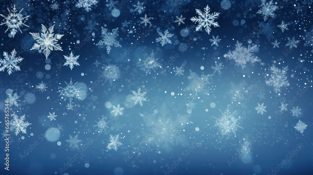 Beautiful snowflakes and bokeh on blue winter background.