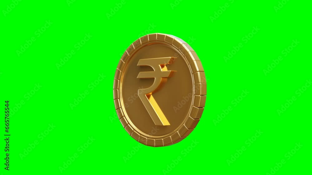 3D rendered animation of a gold coin with Rupee symbol