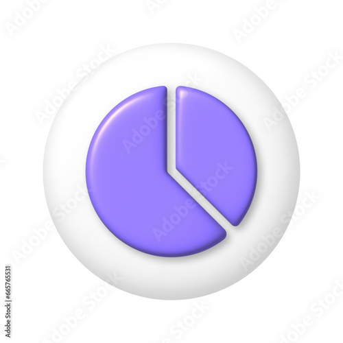 Purple pie chart icon on white round button. 3D vector illustration.