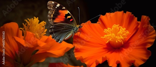 A butterfly perched on a vivid orange poppy, sipping nectar from the vibrant bloom