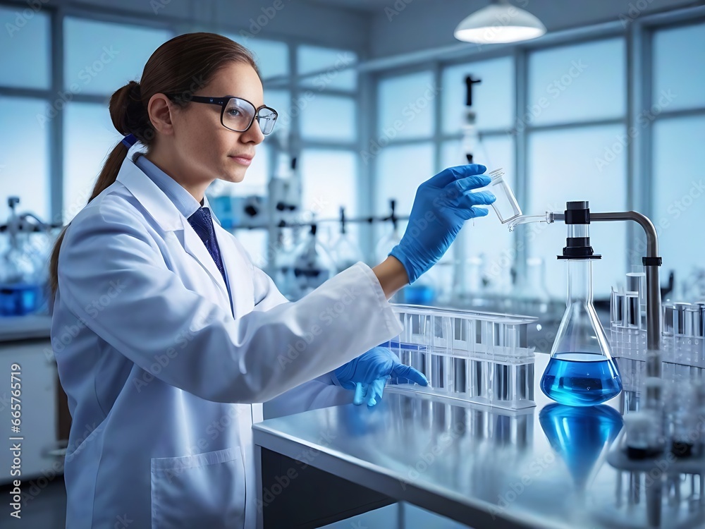 Fototapeta premium Scientist in laboratory analyzing blue substance in beaker, conducting medical research for pharmaceutical discovery, biotechnology development in healthcare, science and chemistry concept