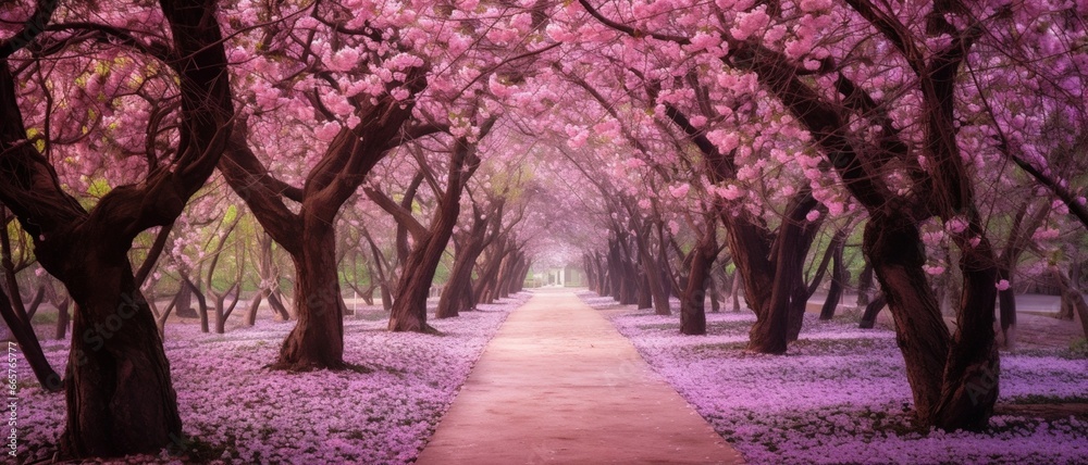 A peaceful garden path surrounded by blooming cherry blossoms, creating a serene, pink canopy A peaceful garden path surrounded by blooming cherry blossoms, creating a serene, pink canopy