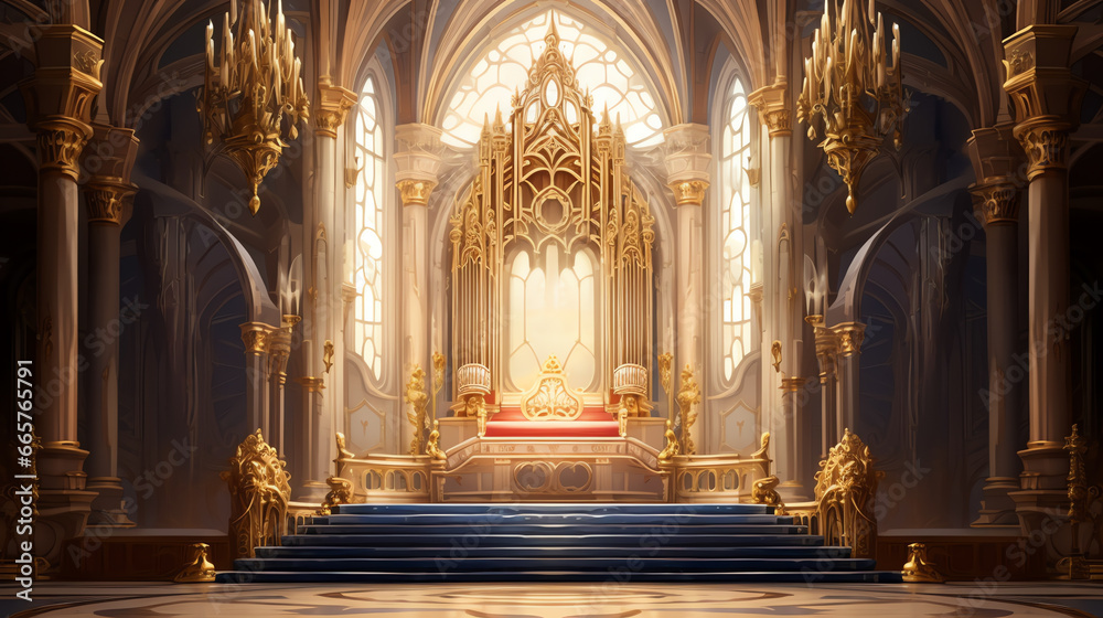 Fototapeta premium A fantasy empty throne in hall cathedral background of castle gothic