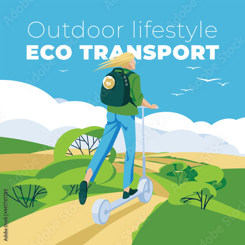 a woman on an electric scooter rides on a road in a field. The concept of ecological transport and environmental protection. Green summer landscape scene. Vector flat illustration