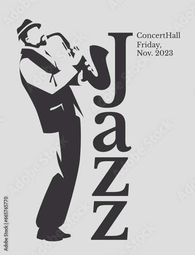 jazz saxophonist black and white poster. Advertisement of a postcard of a musical event. Vector flat illustration