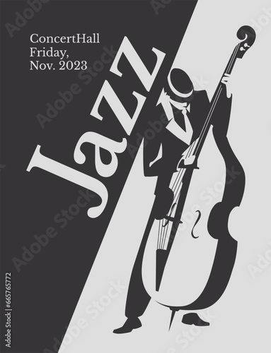 jazz cellist black and white poster. Advertisement of a postcard of a musical event. Vector flat illustration
