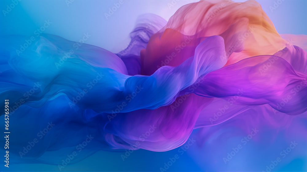 Heavenly light, dreamy pastel flowing silk waves. Baby blue, pink, yellow soft fabric wavy folds. Abstract luxury satin wave drapes background. Opaque see-though waves material backdrop, copy space - obrazy, fototapety, plakaty 