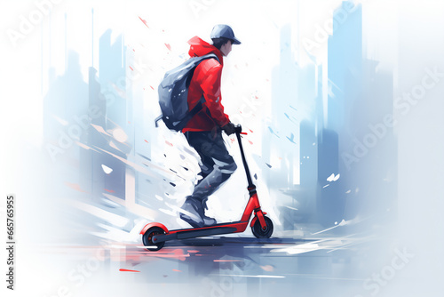 Jeune homme faisant de la trottinette électrique en ville - concept d'illustration de mobilité douce, verte et écologique - IA générative
