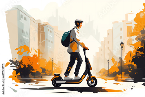 Jeune homme faisant de la trottinette électrique en ville - concept d'illustration de mobilité douce, verte et écologique - IA générative