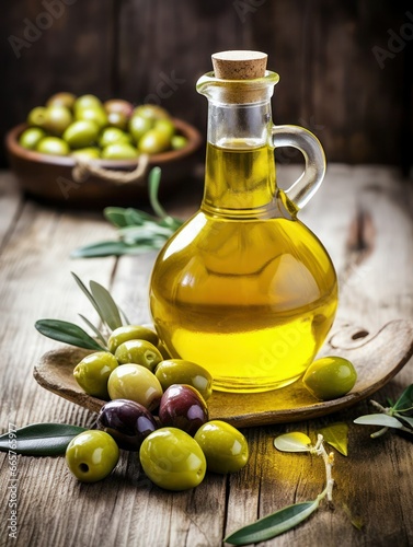Extra virgin olive oil in a glass bottle and green olives with leaves on a wooden background, rustic style, vertical photo.