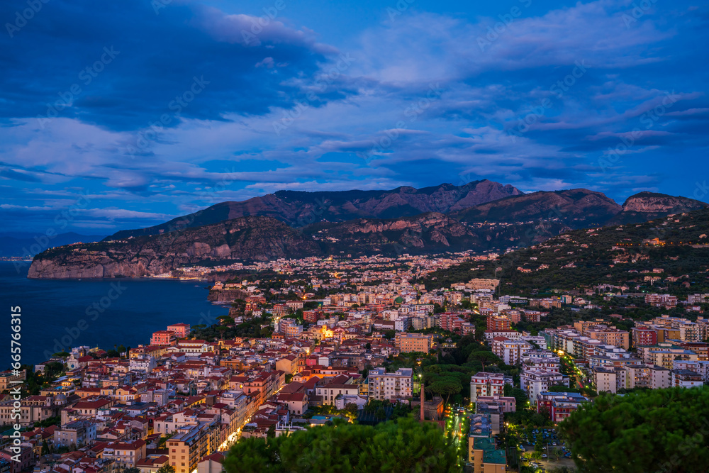 Panoramic view of Sorrento and the Bay of Naples in Italy at dusk