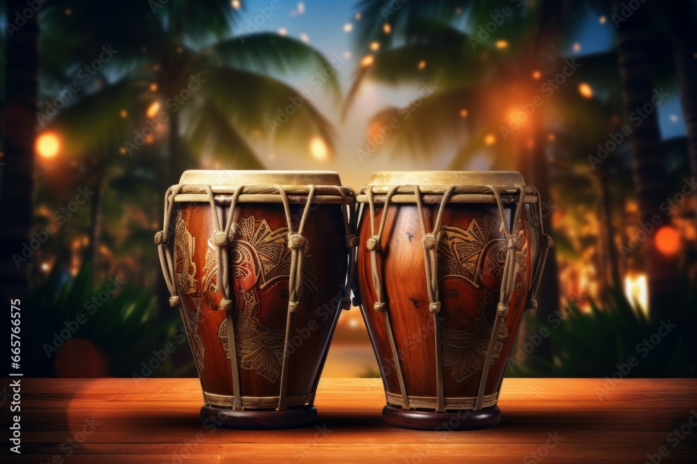 Traditional Bongo drums equipment background. African instrument. Generate Ai - obrazy, fototapety, plakaty 
