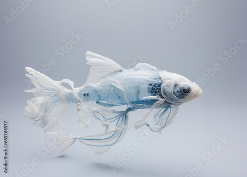 Concept de poisson fait de déchets et de sacs plastiques - pollution des océans et des mers - fond blanc photo
