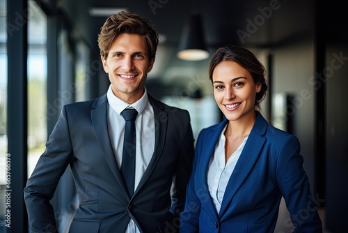 A confident and successful businessman and businesswoman, dressed professionally, exude confidence and teamwork in a corporate office setting.