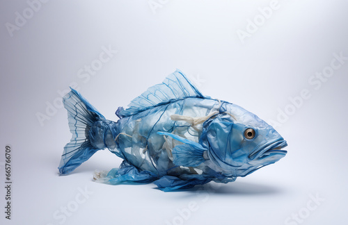 Concept de poisson fait de déchets et de sacs plastiques - pollution des océans et des mers - fond blanc photo