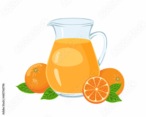 Glass jug of orange juice Isolated on white background. Vector illustration of  fresh drink in cartoon flat style.
