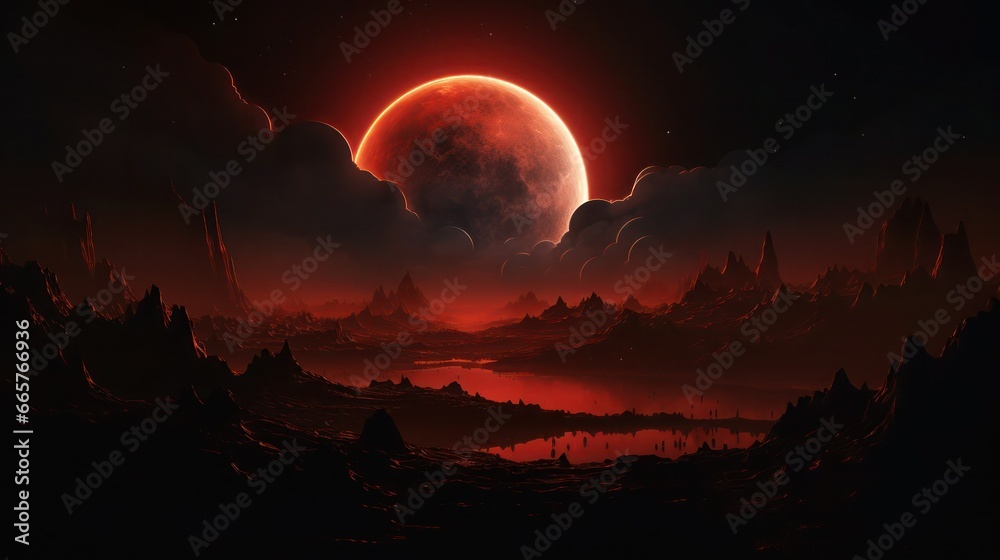 Total solar eclipse of a gigantic sun above the ominous rocks, fantastic red landscape. - obrazy, fototapety, plakaty 